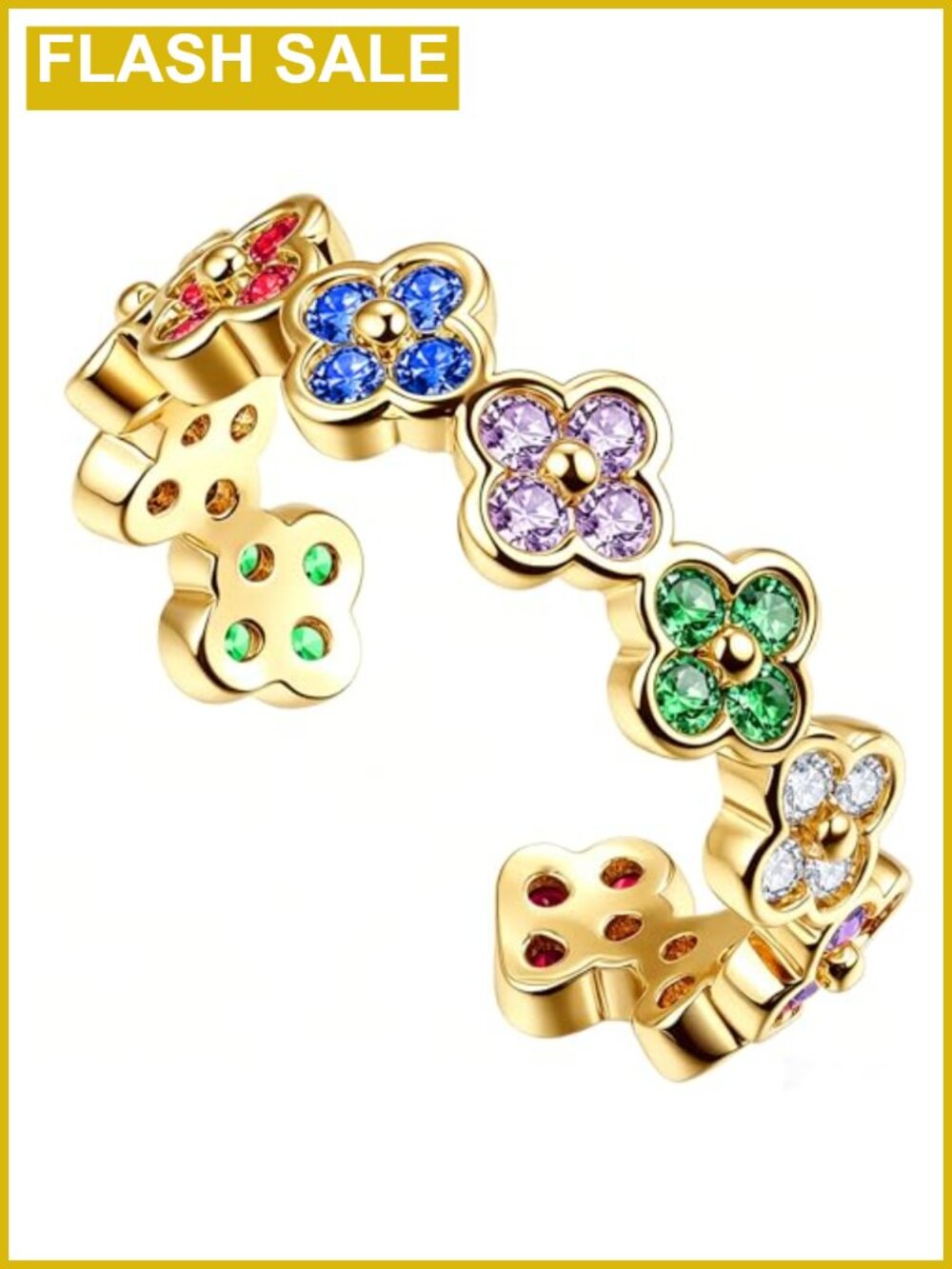 14K Gold Plated Four Leaf Clover Ring Cubic Zirconia Adjustable